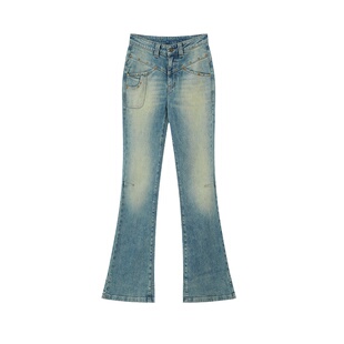 出逃赤岗西 复古蓝低腰微喇牛仔裤女秋水洗做旧显瘦修身喇叭长裤