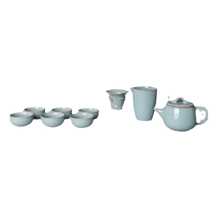 弘宝汝窑天青石瓢茶组十件套高档原产地汝瓷茶具送礼套装开片冰裂