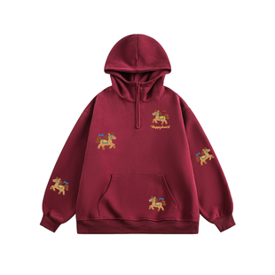 查尔斯桃心红色小马印花半拉链连帽卫衣男女春秋季新年衣服上衣潮