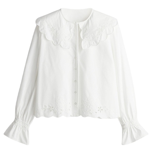 HM女装衬衫春季波嬉风穿搭刺绣娃娃领长袖上衣1274640