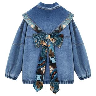 KEIKO 花漾新中式云肩牛仔外套女26春季蝴蝶结飘带饰宽松夹克上衣