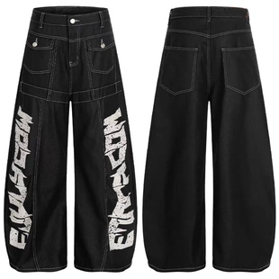 美式复古街头字母印花牛仔裤男女春秋季宽松休闲显瘦百搭拼接长裤