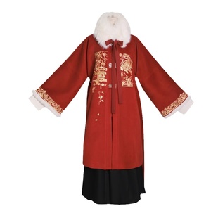 拟梦四君子 秋冬汉服明制披袄外套大衣绣花红色针织飞机袖破裙