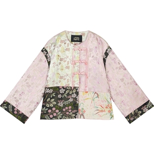 妖精的口袋新中式缎面提花粉色夹棉外套女2026冬新千金风新年战袍