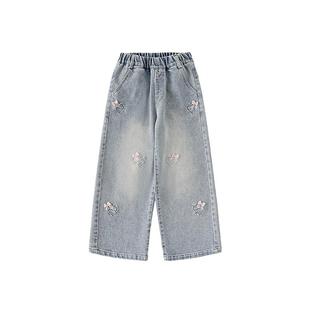 皇室童缘女童牛仔裤2025秋新款儿童洋气刺绣直筒裤中大童长裤子潮