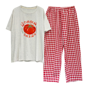 趣味蔬菜印花短袖长裤睡衣女纯棉春夏宽松休闲格子裤家居服薄款