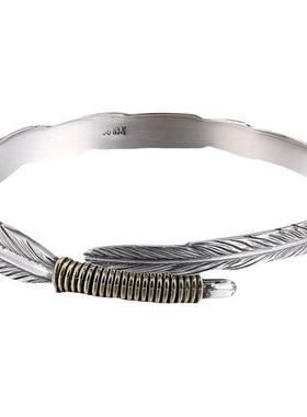 999纯银羽毛手镯男女情侣一对复古潮流个性足银镯子开口简约手环