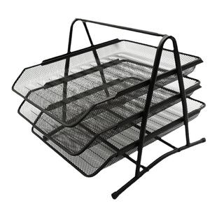 欧标三层文件盘金属铁网间距60mm网状文件座350*297*275mm文件框三栏资料文件筐网格收纳架商务办公B2783