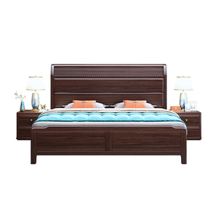 新中式乌金木床卧室1.8m双人床高端气压全开六抽储物2米全实木床