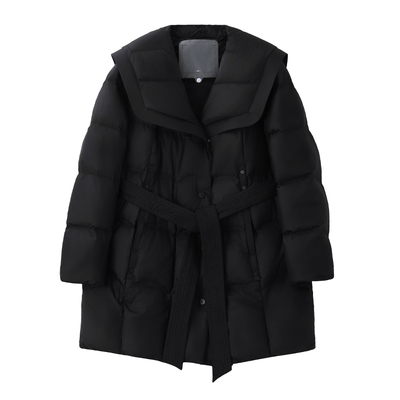 黑色海军领鸭绒外套减龄2025新款女装冬季修身收腰中长款羽绒服女