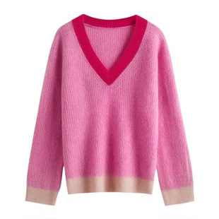 加厚V领山羊绒衫女粉红慵懒风长款拉毛拉绒纯山羊绒毛衣上衣