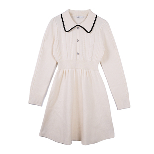 A21女装2024新款翻领连衣裙春季针织撞色小香风百搭长袖A摆中长裙