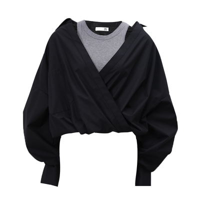 Mogas环葆纯棉纸片人假两件衬衫