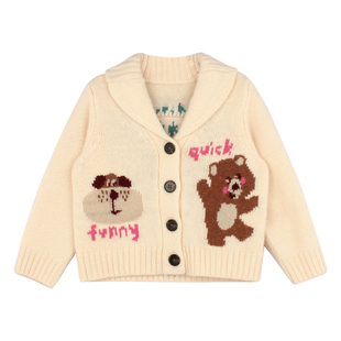 大耳象女童V领翻领小熊毛衣开衫2026春季新款宝儿纯羊毛针织上衣