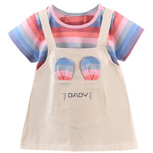 宝宝连衣裙子背带裙夏季套装女童短袖假两件个月纯棉幼儿夏季童裙