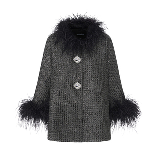 NanaJacqueline羽毛拼接亮片编织大衣女冬新款钻扣外套复古千金风