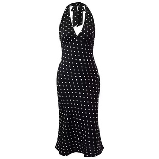 【包邮】法式复古深V领挂脖性感大露背收腰波点无袖度假连衣裙女