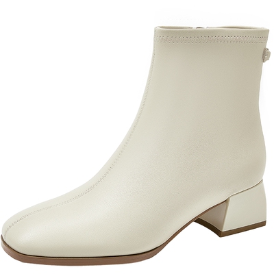 康莉羊皮粗跟短靴真皮短筒女靴