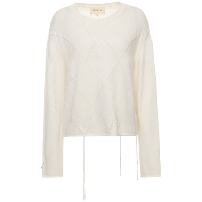 宝姿PORTSPURE女装舒适淡人波嬉菱格肌理飘带针织衫