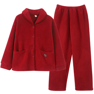 红色睡衣女士秋冬本命年马年女款家居服加厚保暖羊羔绒珊瑚绒套装
