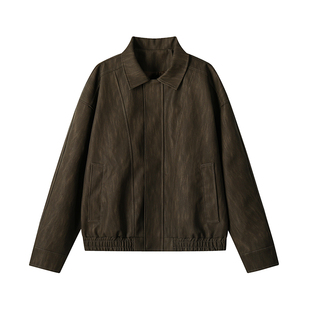 摩安迪美式复古机车风做旧美拉德色系翻领PU皮夹克外套男女同款