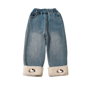 女童加绒牛仔裤秋冬款2025新款洋气女宝宝加厚冬季儿童装冬装裤子