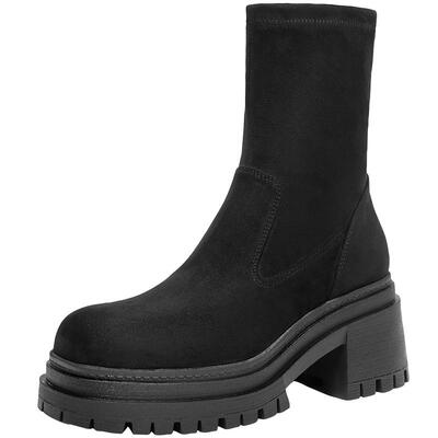 百丽女鞋子厚底弹力靴女新款冬粗跟短靴反绒面瘦瘦靴子3MC61DZ4