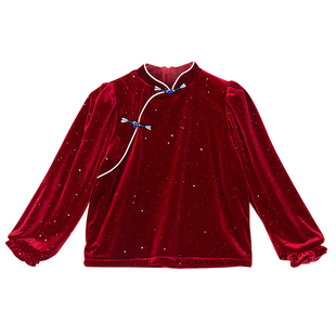 LittleNaive女童新年中国风套头外套冬季新中式丝绒卫衣红色加绒