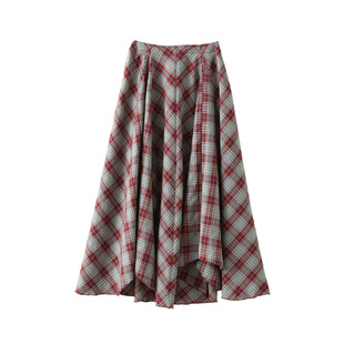 popchrio◆复古格子不规则半身裙中长款垂坠感a字大摆伞裙子女秋