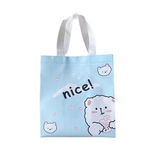蓝色加厚覆膜无纺布手提袋NICE小熊外卖打包袋大号立体袋沙拉寿司