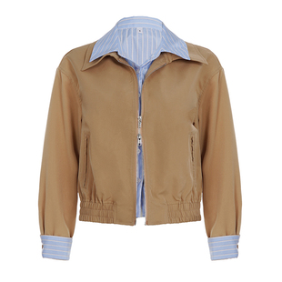 WEEKEEP 老钱风假两件复古拼接撞色衬衫夹克女休闲百搭收腰短外套