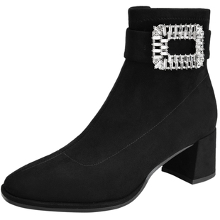 natursun粗高跟时装靴女式冬季通勤绒面法式小短靴方扣黑色瘦瘦靴