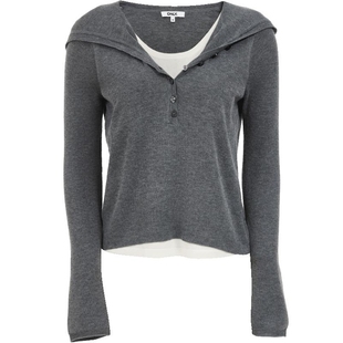 ONLY2025冬季新款松弛感拼接假两件精致贝母扣饰连帽长袖针织衫女