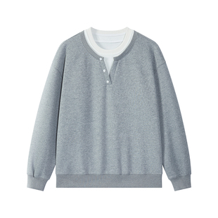 Dream made美式假两件亨利领卫衣男秋冬季重磅内搭打底衫V领上衣