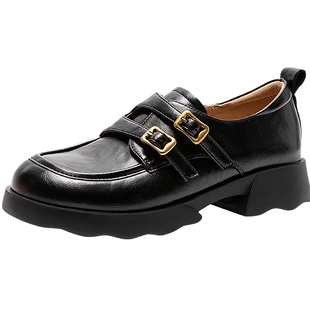 千百度厚底手抓皮乐福鞋女百搭气质新款增高英伦风小皮鞋深口单鞋