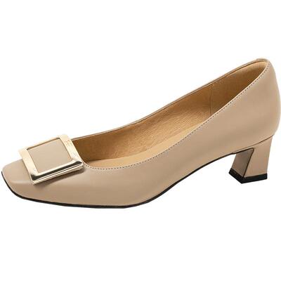 粗跟方扣真皮高跟鞋康莉通勤