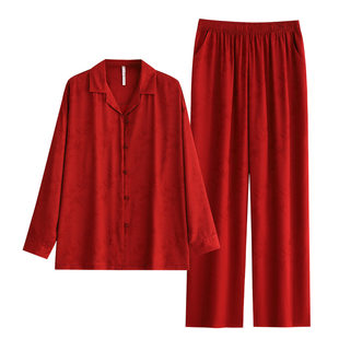 睡衣女士春秋季冰丝长袖家居服丝绸仿真丝本命年大红色马年中国风