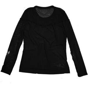 蕾丝网黑色打底衫T恤女时尚24秋冬洋气内搭串珠圆领薄款咖色上衣