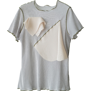 NW80EN 贴布压褶T恤 常规款圆领宽松短袖 舒适休闲设计感女士上衣