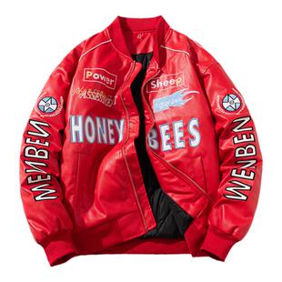 mYes牧野森机车棒球服男女秋冬PU皮美式潮牌春秋外套刺绣夹克皮衣
