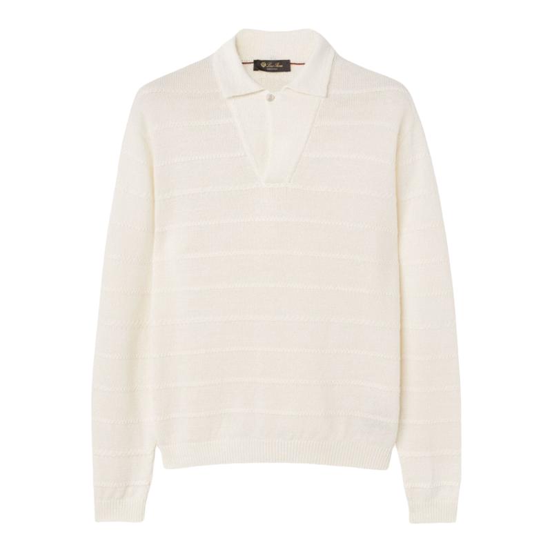 Loro Piana/诺悠翩雅男装条纹图案白色长袖针织polo衫毛衣
