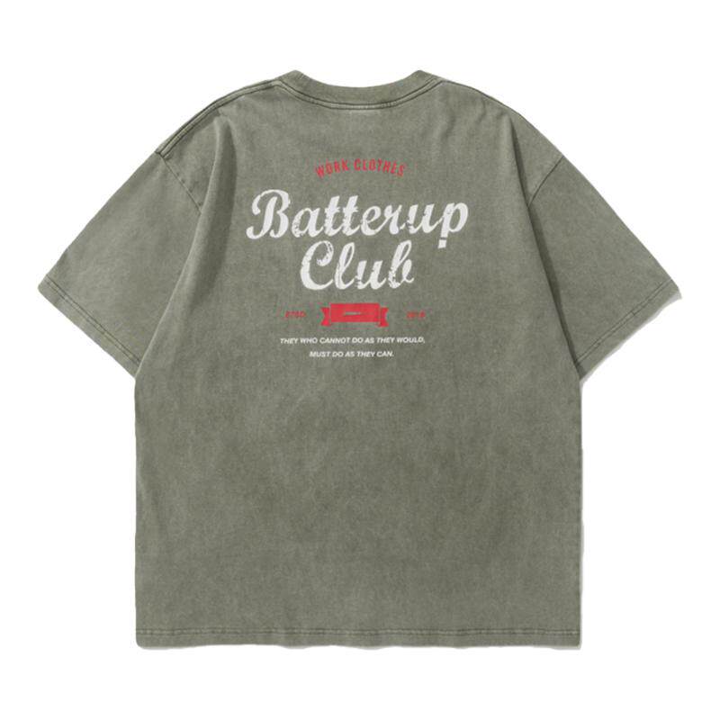 Batterup2026夏季新款日系宽松水洗做旧破坏印花纯棉短袖T恤男潮