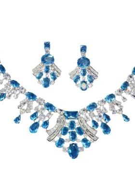皇家湖蓝色珠宝锆石项链耳环套装锁骨链婚礼宴会颈链生日礼物闪女