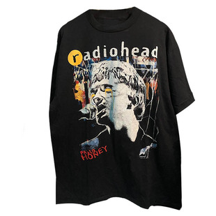 Radiohead电台司令乐队复古高街短袖T恤潮流落肩小领口重磅棉tee