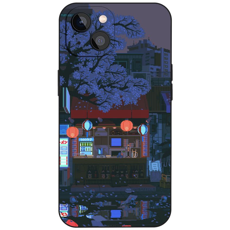 夜樱灯笼街边倒影居酒屋 ins像素和风复古插画手机壳适用iPhone17苹果16文艺青年磁吸磨砂硅胶全包防摔保护套