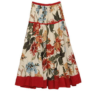 波西米亚棉麻长裙半身裙夏季度假大摆沙滩裙印花民族风跳舞女裙子