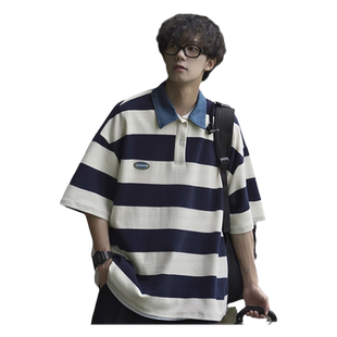 青少年polo衫男短袖夏季新款日系条纹翻领t恤男孩纯棉衣服cityboy