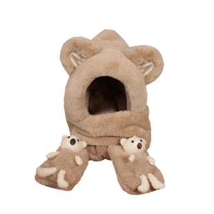 可爱小熊帽子保暖围脖围巾一体连帽女秋冬季保暖手套加厚绒三件套