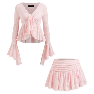 CIDER蕾丝V领短款泡泡袖上衣配褶皱半身裙套装114764160