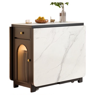 法式复古实木岩板折叠餐桌家用小户型可移动多功能折叠可移动饭桌